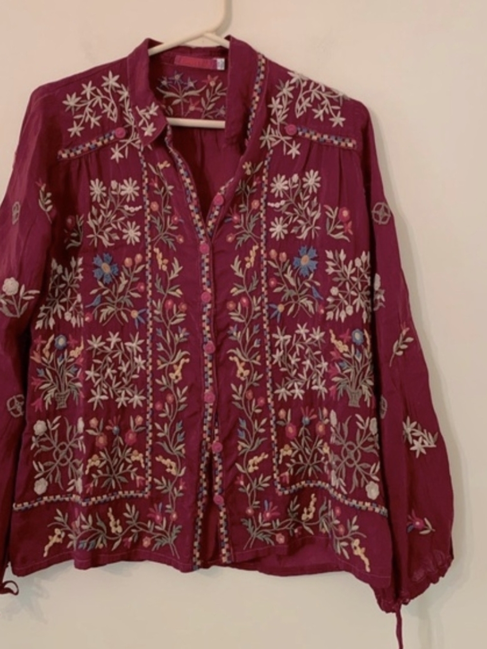 Johnny Was Embroidered Floral Button-Front Women’s Top - Berry